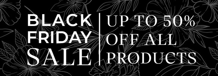 Black friday sale banner announcing promotion for 25% or more off all products