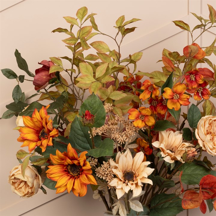 faux eco flowers in orange, sage and sand colours