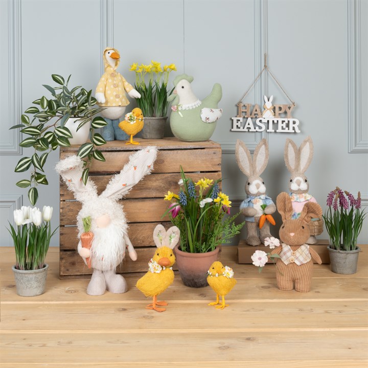 easter birds on twig tree, carrot wreath and gonks
