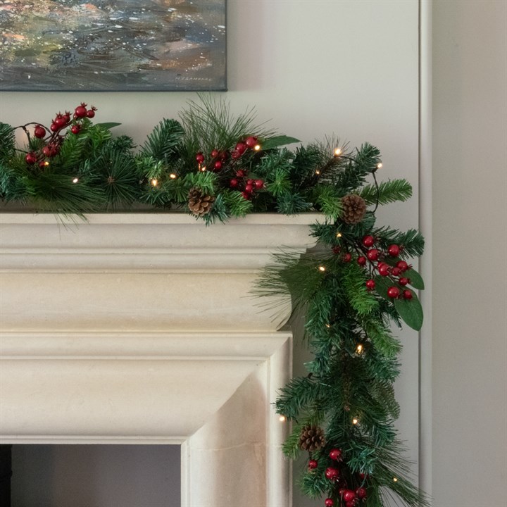 Prelit Pine Garland with Cones and Berries