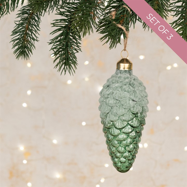 Set of 3 Frosted Glass Pinecone Hanging Decoration