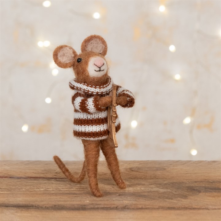 Felt Mouse with Trumpet Figurine