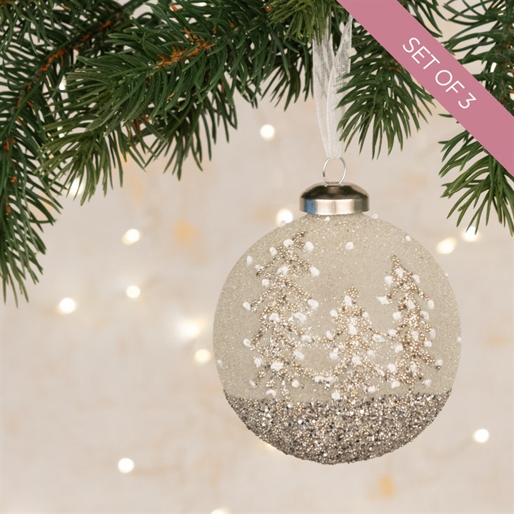 Set of 3 Glass Finley Glitter Baubles - Silver