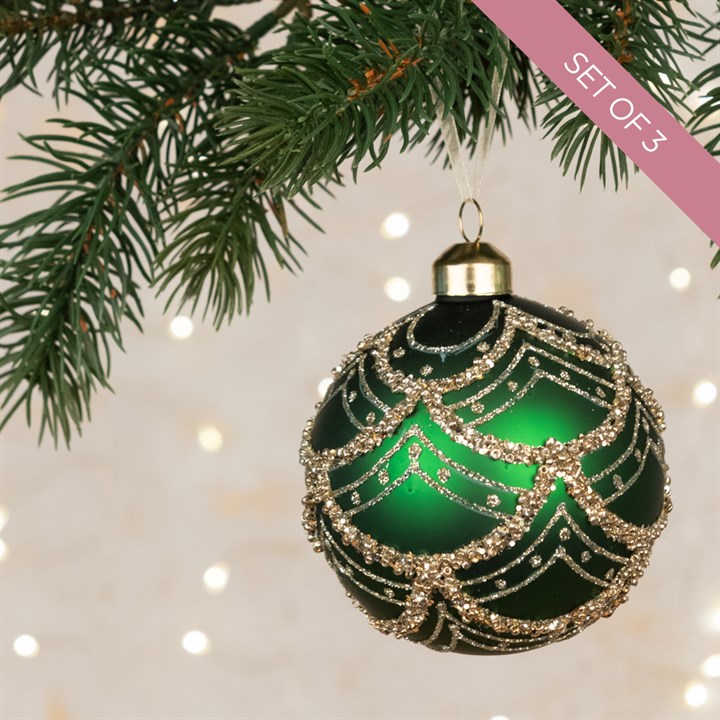 Set of 3 Glass Glitter Tallula Baubles - Green