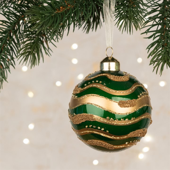 Glass Hanna Bauble with Gold Waves - Green