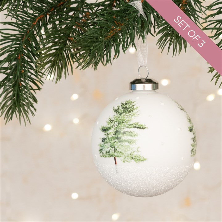 Set of 3 Glass Fir Tree Baubles - White