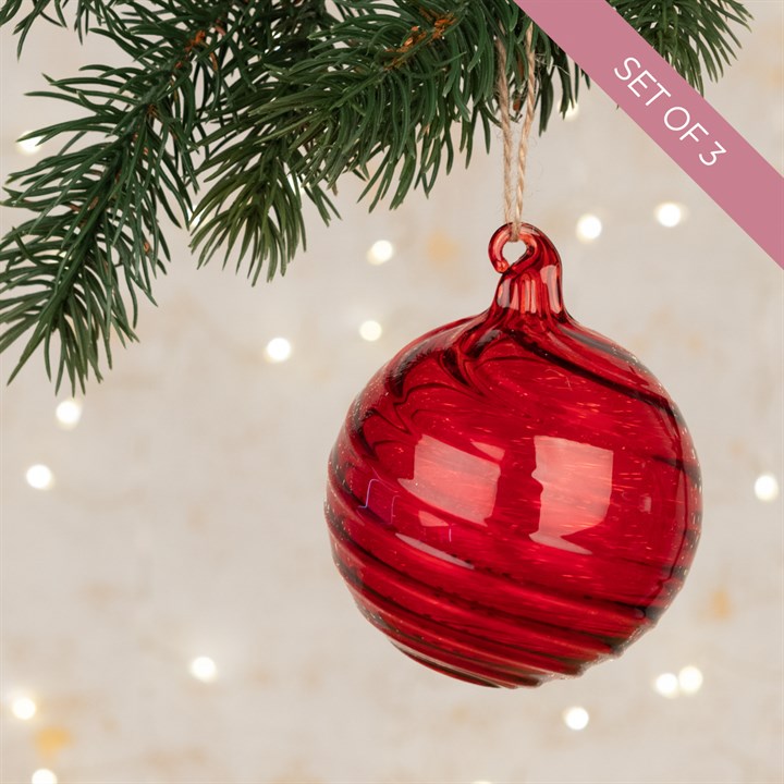 Set of 3 Glass Haylee Swirl Baubles - Red