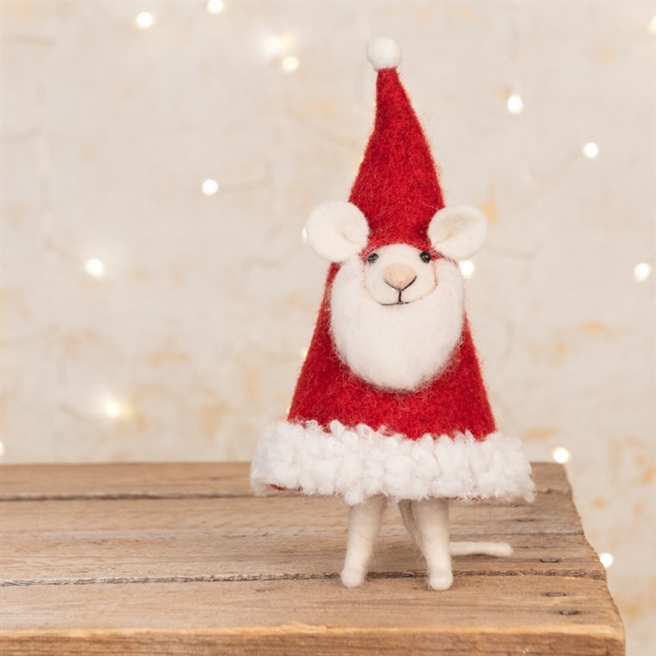 Felt Mouse in Santa Hat Costume Figurine