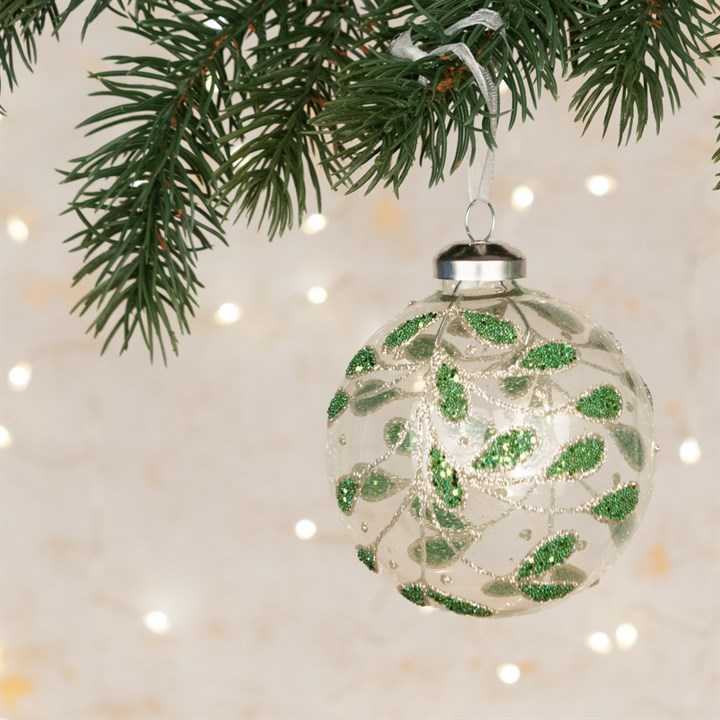 Glass Riley Glitter Leaves Bauble