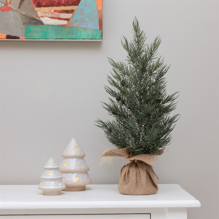 Frosted Pine Tree with Cones In Burlap