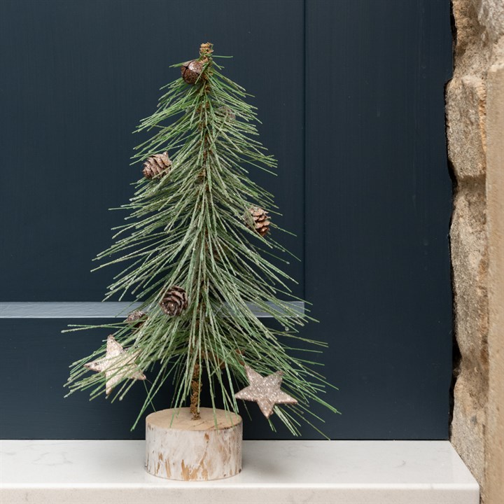 Frosted Tabletop Pine Tree with Cones and Stars