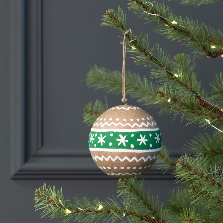 Papier Mache Zig Zag Bauble - Natural/Green