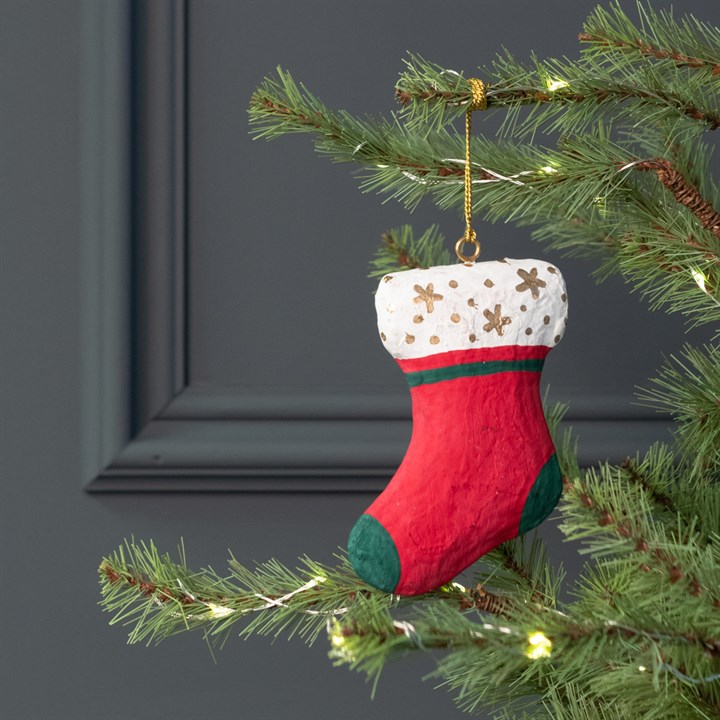 Hanging Papier Mache Stocking Decoration Red/White