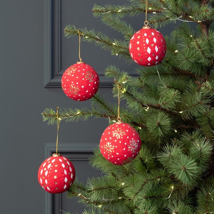 Box of 4 Papier Mache Baubles - Red/Gold