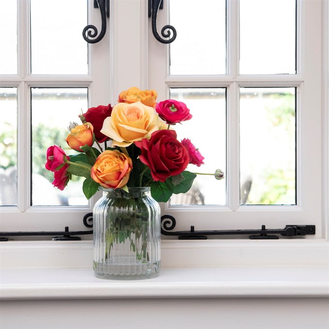 Faux Roses & Ranunculus in Ribbed Vase