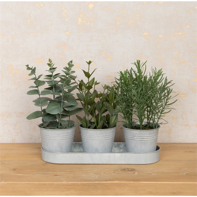 Faux Mixed Plants on Metal Tray