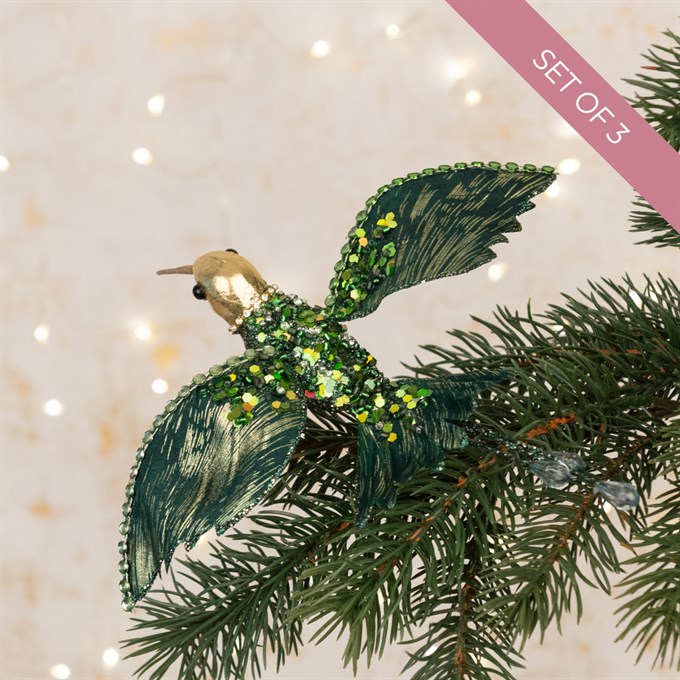 Set of 3 Green Hummingbird Clip Decorations