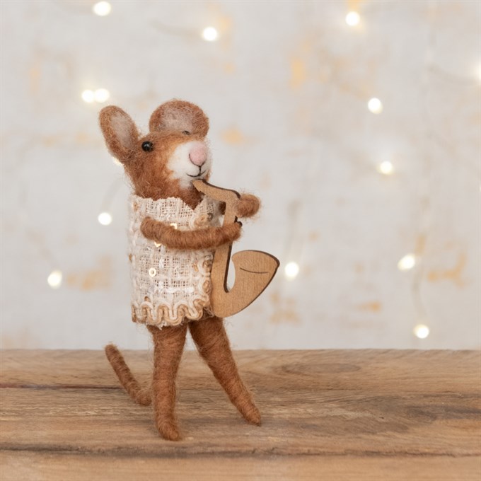 Felt Mouse with Saxophone Figurine