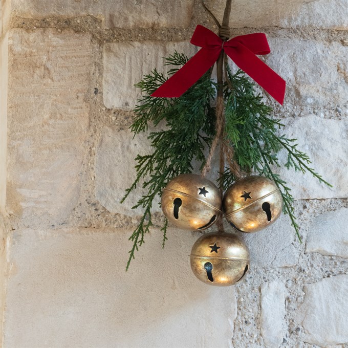 Hanging Metal Christmas Bells With Bow - Gold
