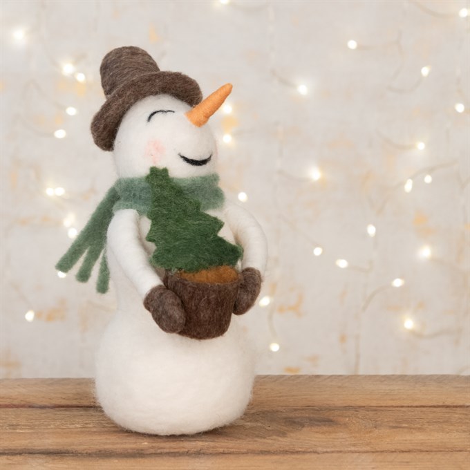 Felt Snowman Figurine Holding Tree