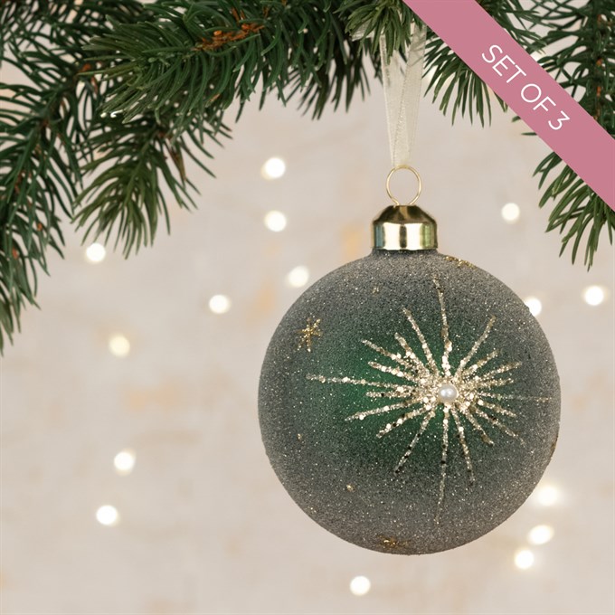 Set of 3 Glass Glitter Baubles with Star Green