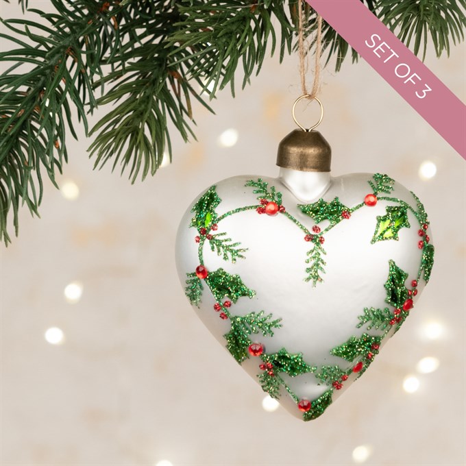 Set of 3 Glass Heart with Holly Hanging Decoration