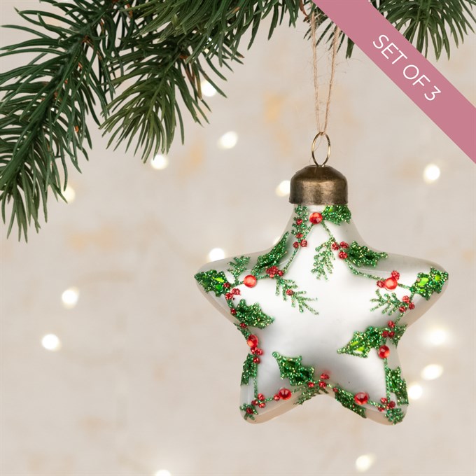 Set of 3 Glass Star with Holly Hanging Decoration