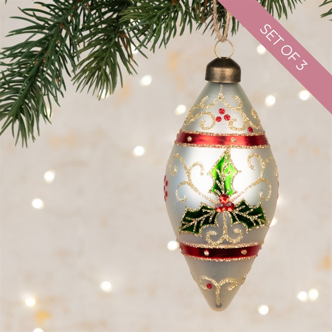 Set of 3 Glass Holly Adelyn Finial Baubles - White