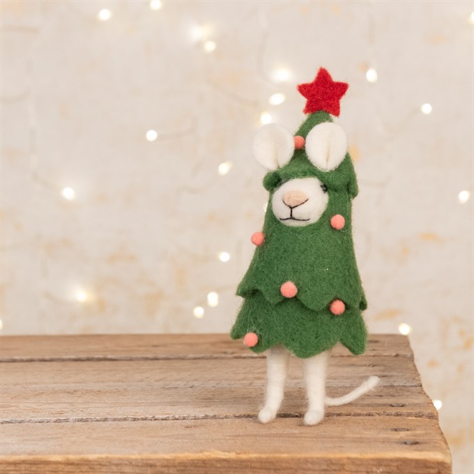 Felt Mouse in Christmas Tree Costume Figurine