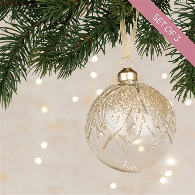 Set of 3 Glass Lara Baubles - Clear/Gold