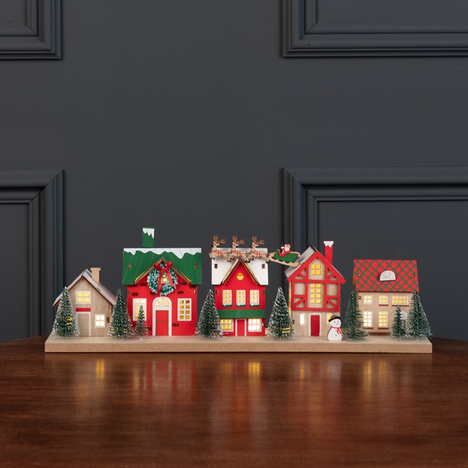 Wooden LED Christmas Village with Bristle Trees