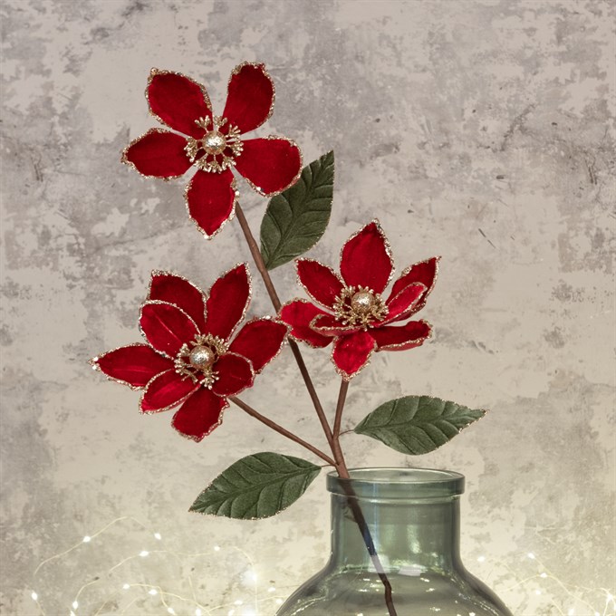 Glitter Velvet Magnolia Spray - Dark Red/Gold
